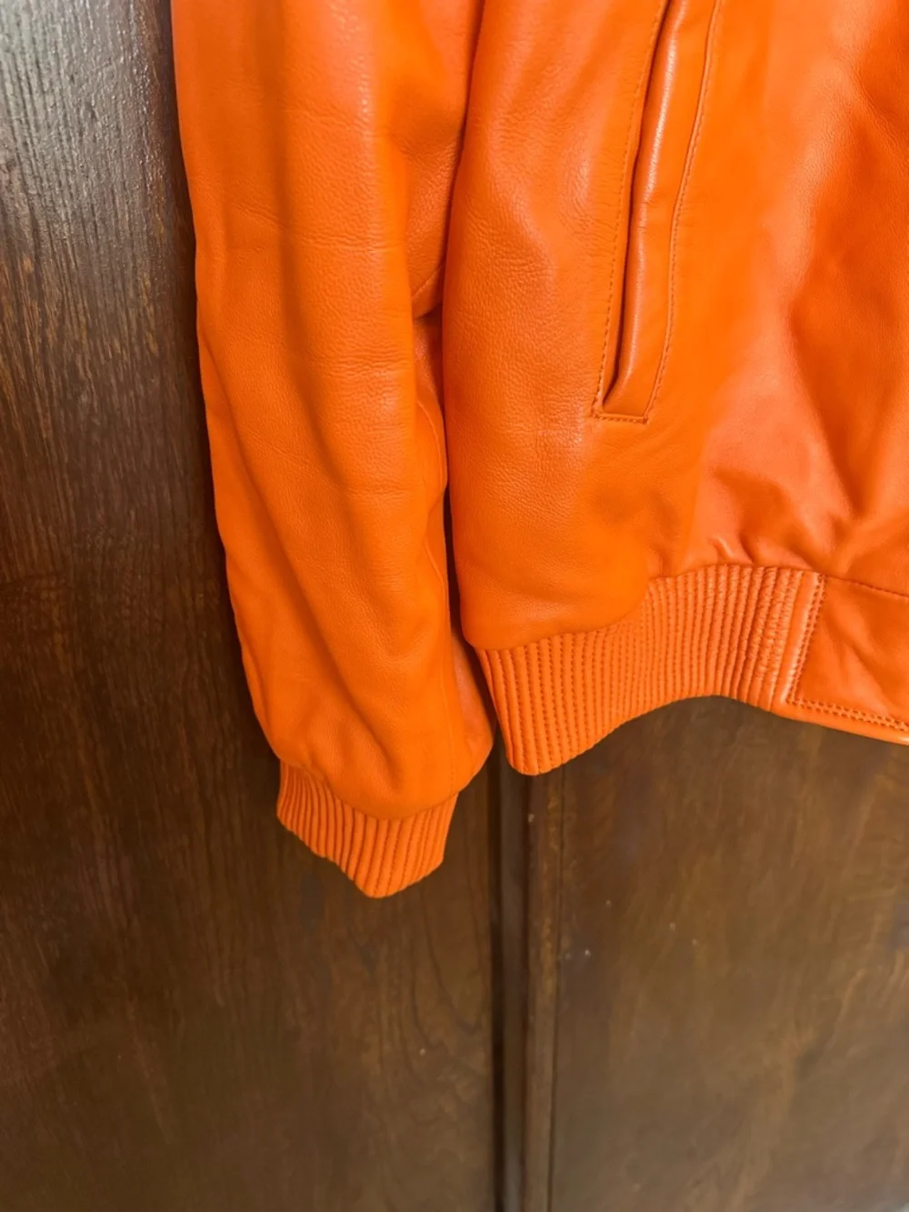 Jake Wood Men's Orange Lambskin Leather Zip-Up Bomber Varsity Jacket Size 2X - Picture 5 of 14